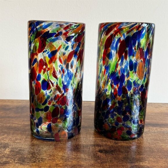 Hand Blown Confetti Glass Tumblers Set of 2 Multicolor Artisan-Crafted - Picture 1 of 6